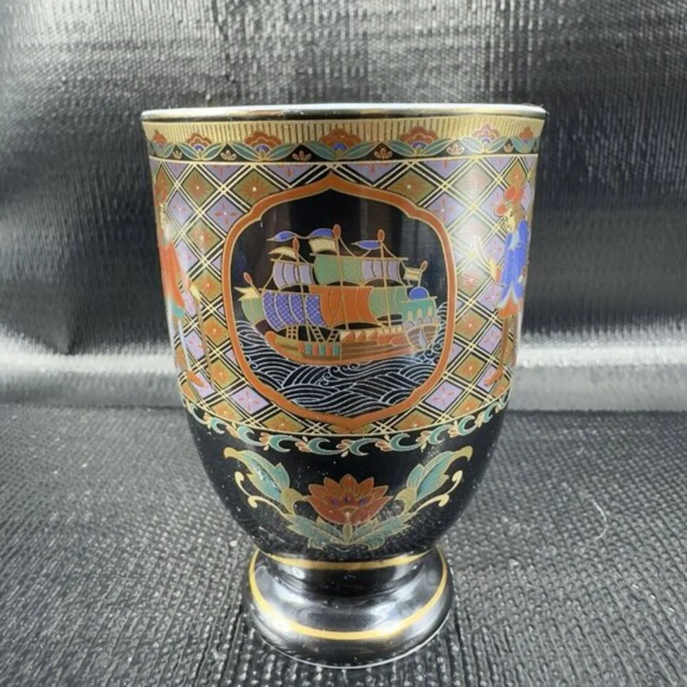 Japanese Oriental Ceramic Goblet Drinking Cups Tumblers Ships Pattern Set 2 Cups